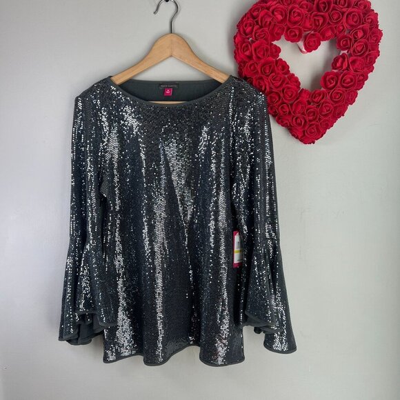 Vince Camuto Womens Metallic Knit Flutter Bell Sleeve Top Blouse MEDIUM Silver - Picture 1 of 8